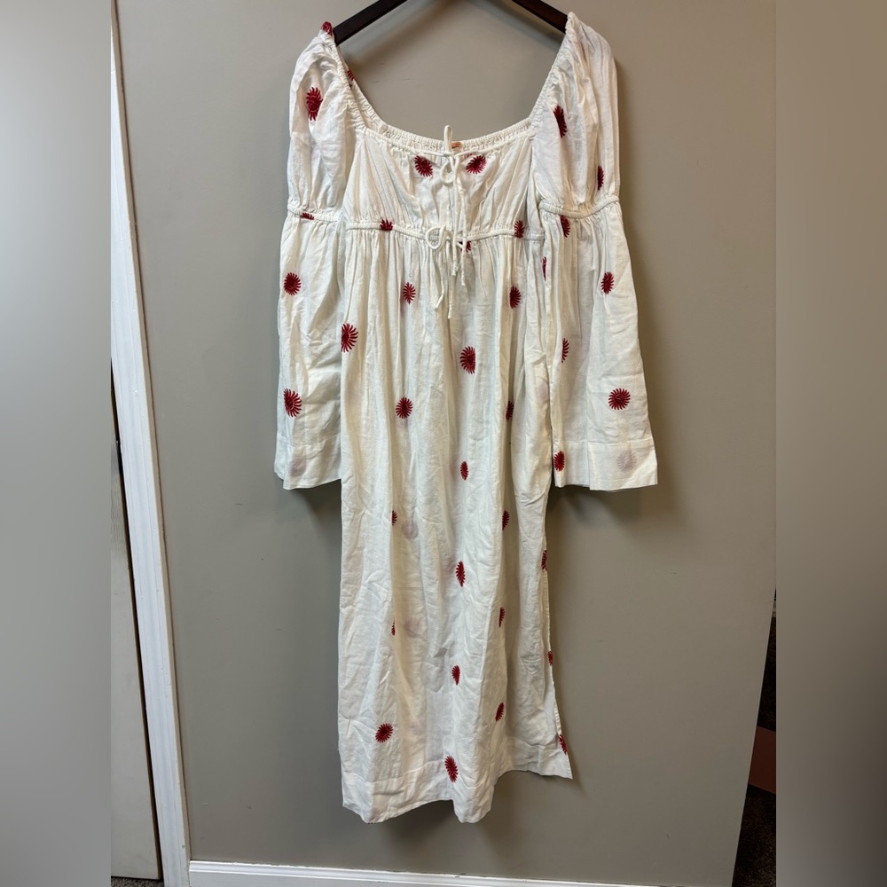 Free People Emory Embroidered Midi Dress‎ Ivory White Red Resort Beach NWT Small - Picture 7 of 10